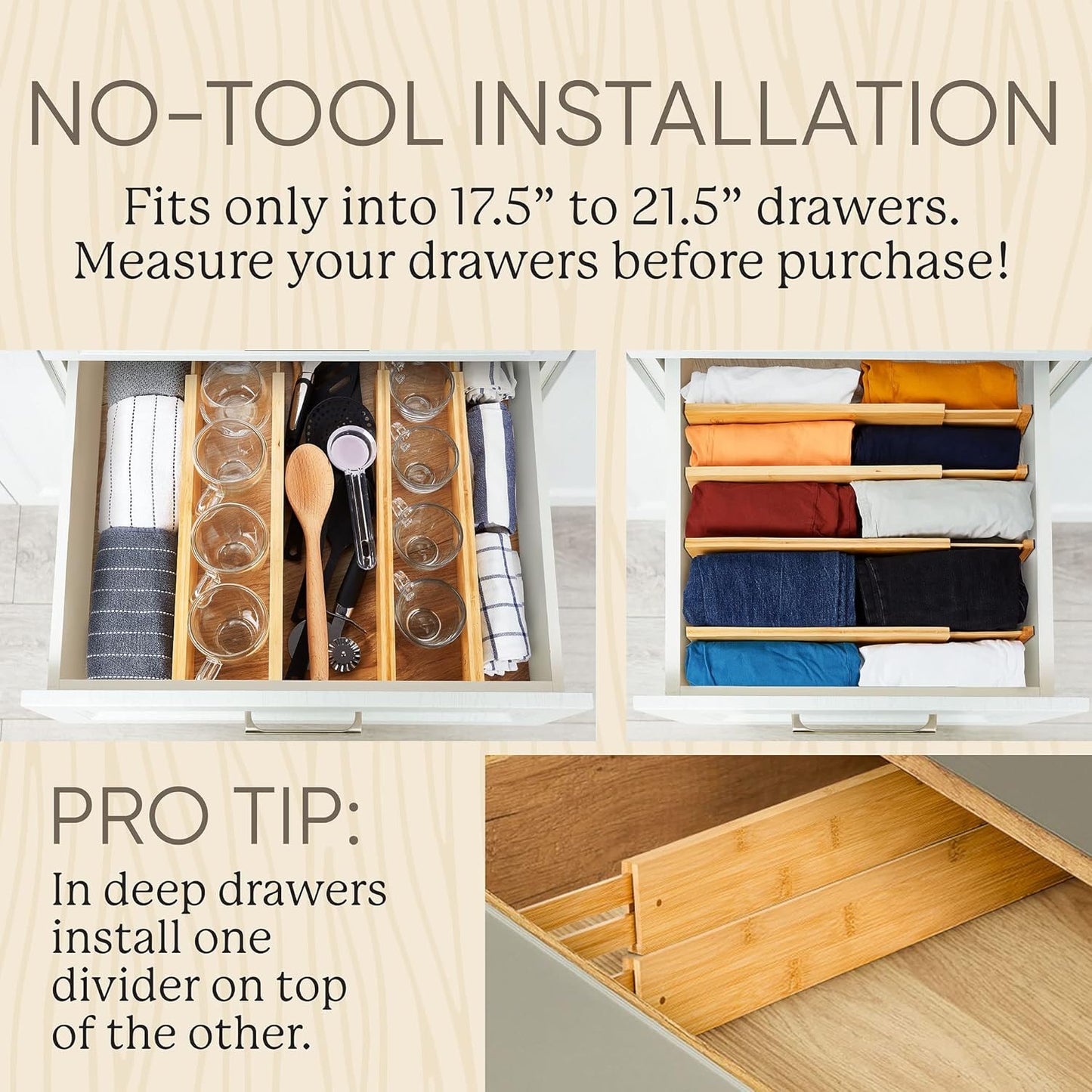 Expandable Bamboo Drawer Dividers, Wooden Separators for Clothes, Kitchen Utensils, Bathroom, Dresser - [17.5" - 21.5"]