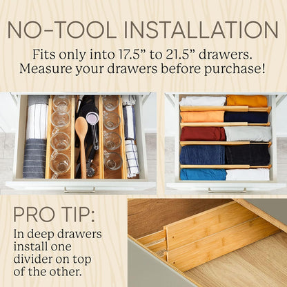 Expandable Bamboo Drawer Dividers, Wooden Separators for Clothes, Kitchen Utensils, Bathroom, Dresser - [17.5" - 21.5"]
