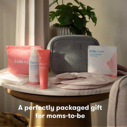 Frida Mom Breastfeeding Survival Kit for Nursing Moms, Reusable Hot+Cold Breast Relief Packs, Hydrogel Nipple Pads, Cracked Nipple Saline Spray, Nipple Balm, Nursing Pads, 13 Piece Gift Set