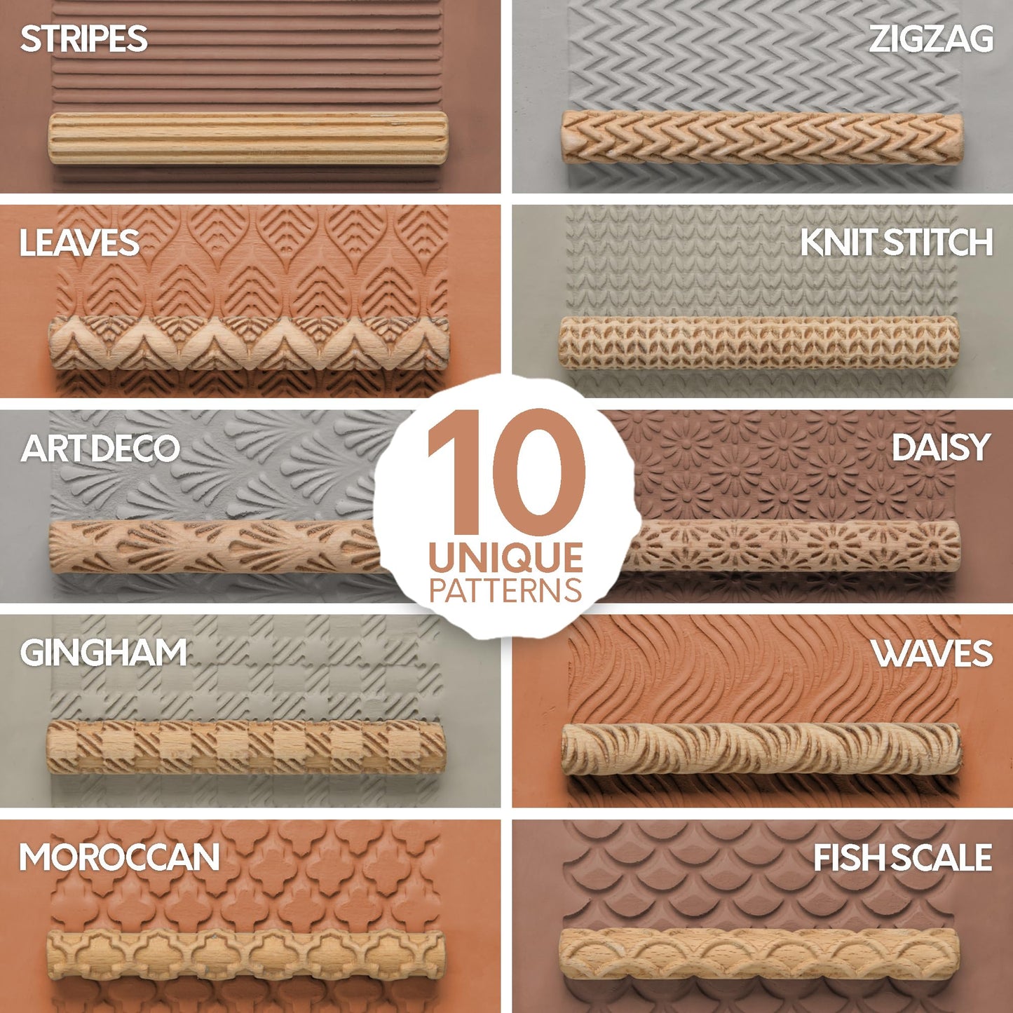 Byllstore Clay Texture Rollers | 10-Pack | 5 in x 0.65 in | Premium Wooden Pottery Tools | Set A