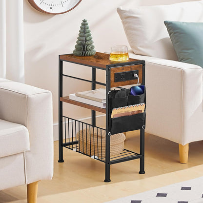 3-Tier BF412UBZ01 HOOBRO End Table with Charging Station, Small Side Table with Magazine Holder, Nightstand Bedside