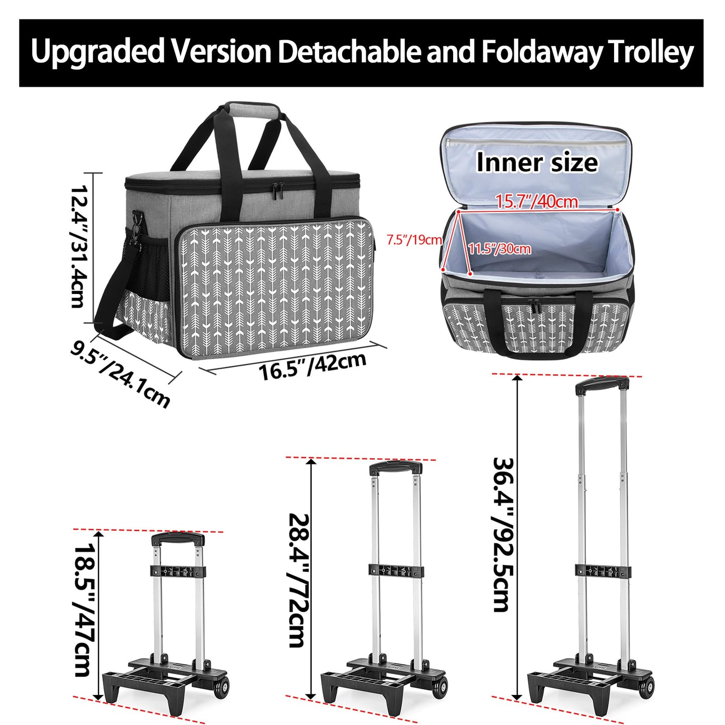 Yarwo Upgraded Rolling Sewing Machine Carrying Case, Detachable Trolley Tote Bag with Removable Bottom Board and Thickened Trailer Leg for Most Standard Sewing Machine and Accessories, Gray with Arrow