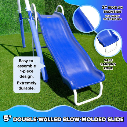 Sportspower Fairbrook Backyard Metal Swing Set for Kids, 500 lb Capacity — Saucer, Standing Swing, Blow-Molded Swing, 5ft Slide, Anchor Kit — Ages 3–8, 11.5' L x 7.5' W x 6.1' H