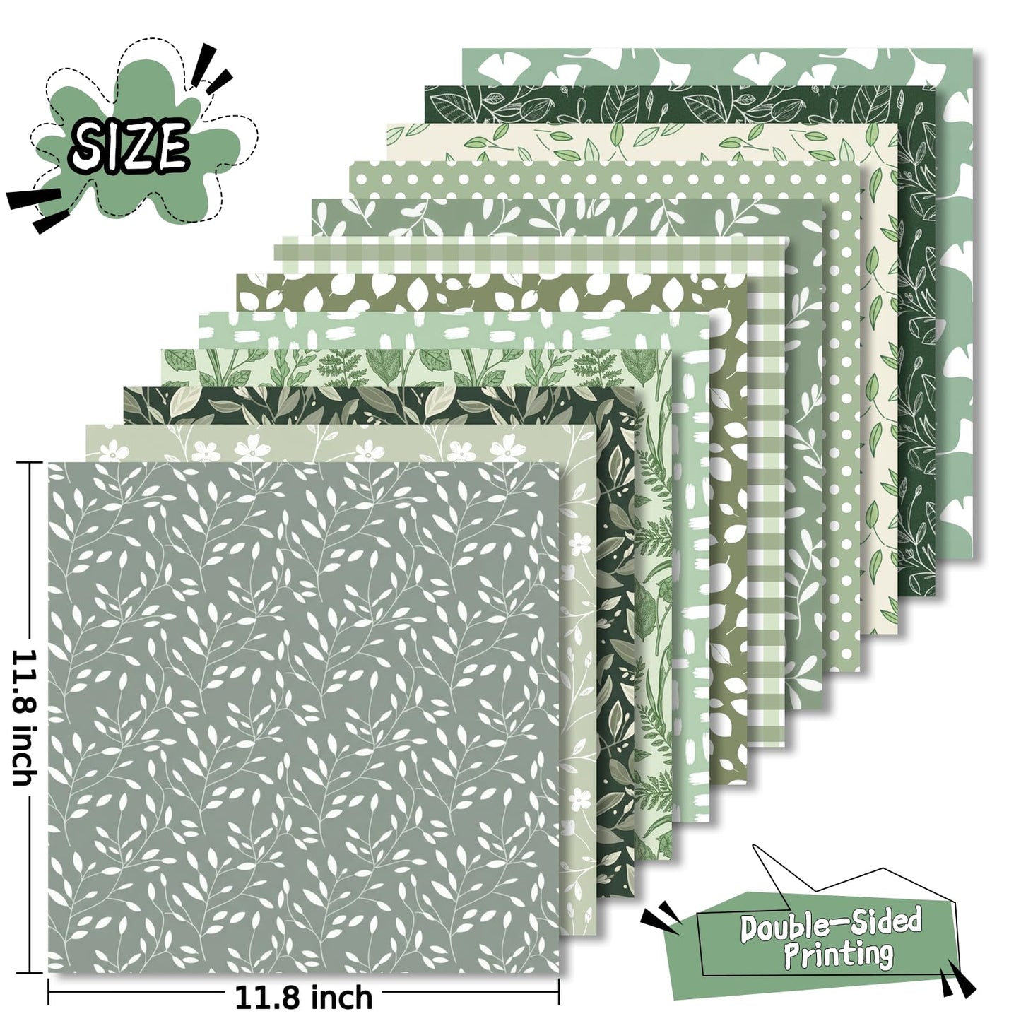 LENSARKU 24 Sheets 11.8 x 11.8 Inch Sage Green Botanical Scrapbook Paper, 160gsm Double Sided Decorative Paper for Junk Journals, Wrapping & Mixed Media, DIY Card Making, Photo Album, Journal Decor