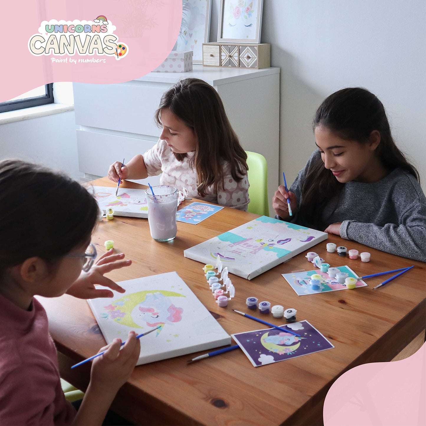 BONNYCO Paint by Numbers Kit for Kids Unicorns Pack 3 Canvas. Paint by Number, Canvas Framed Pre Drawn. Unicorn Gifts for Girls, Arts and Kids Crafts 4-6 8-12. Pintar por Numeros, Unicorn Craft