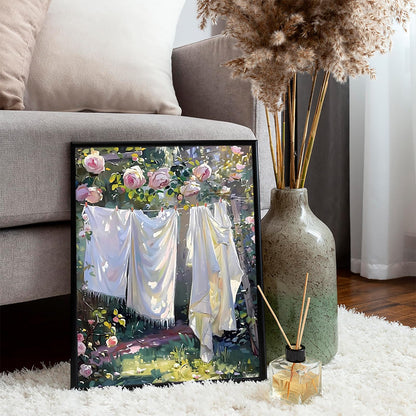 5D Diamond Painting Kit Laundry Hanging on the Line in the Garden Diamond Art Kits for Adults DIY Laundry Round Full Drill Paintings with Diamonds Gem Art for Adults Home Wall Decor 12x16 inch