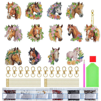 KAPOAOAO 12 Pcs Horse Diamond Art Painting Keychains, DIY 5D Double Sided Drill Diamond Art Painting Kits for Horse Western Cowboy Theme Party Home Arts Crafts Decoration Supplies