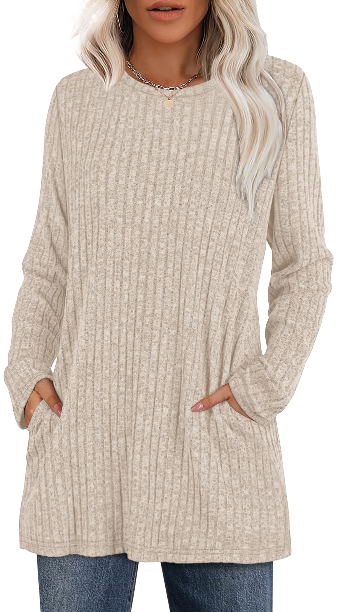 XIEERDUO Long Sleeve Shirts for Women Crewneck Tunic Tops Loose Fit Dressy Womens Sweaters with Pockets Fall Fashion 2025