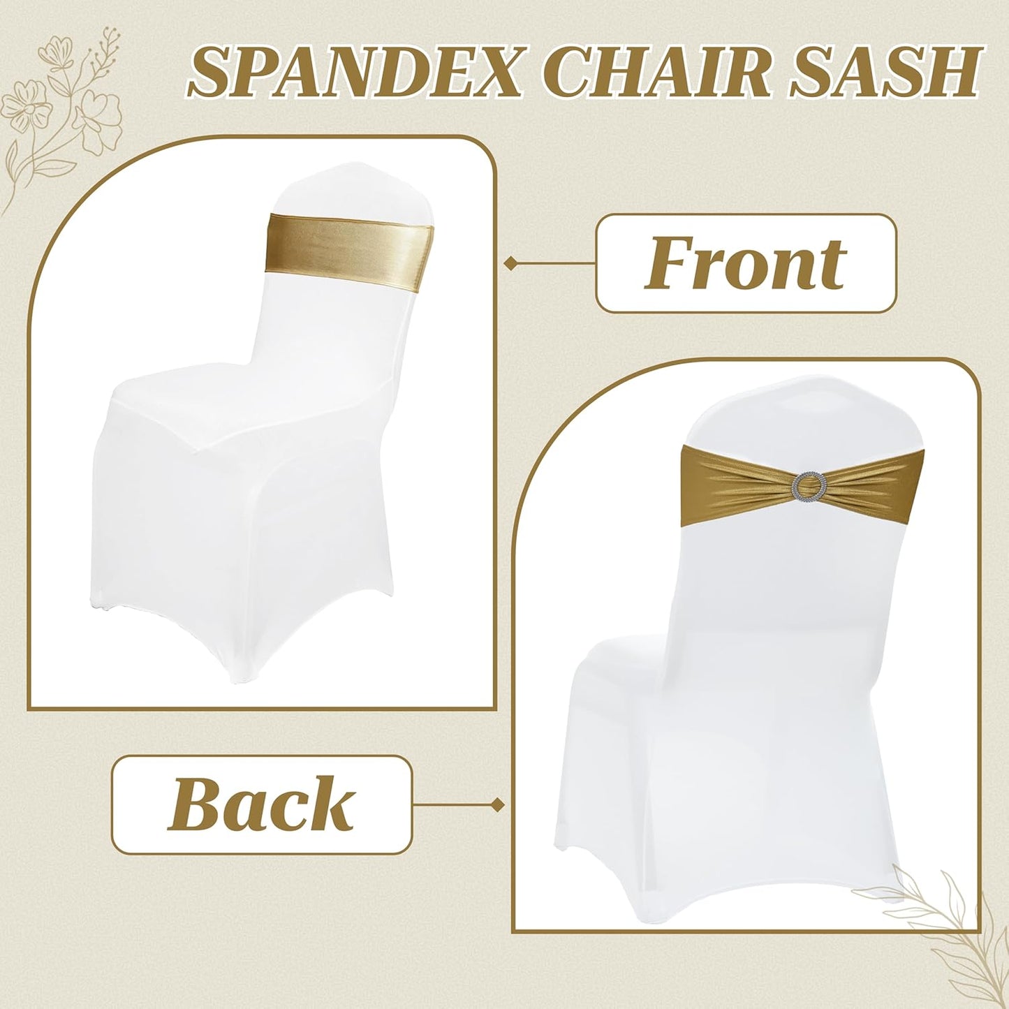 MDS Spandex Foil Chair Sashes - Universal Fit Elastic Stretch Bands with Buckle | Metallic Gold, Pack of 100