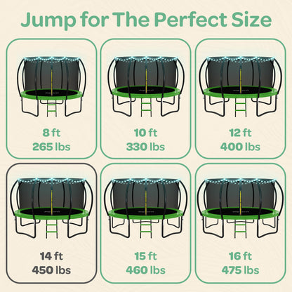 JoyBerri Trampoline Outdoor - Upsurge ASTM Certified Safe 8Ft 10Ft 12Ft 14Ft 15Ft 16Ft Recreational Trampoline for Kids and Adults. Anti-Rust Coating with Enclosure Net, Ladder, Sprinkler & LED Lights