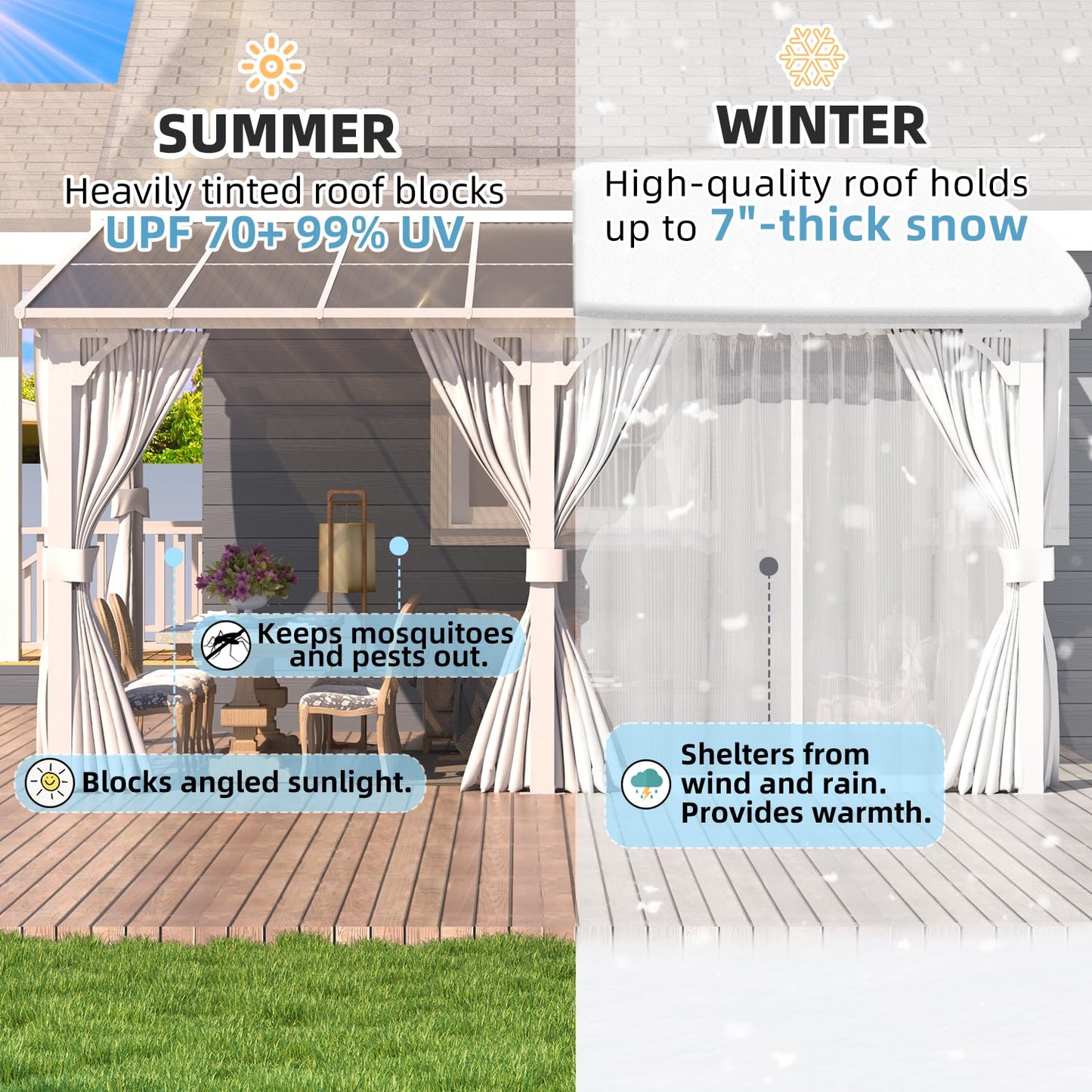 AECOJOY 14'x10' Outdoor Lean to Gazebo with Curtains and Mosquito Netting for Patio, Hard Top Wall Mounted Pergolas and Gazebos Clearance, Large Heavy Duty Metal Awnings for Decks in White