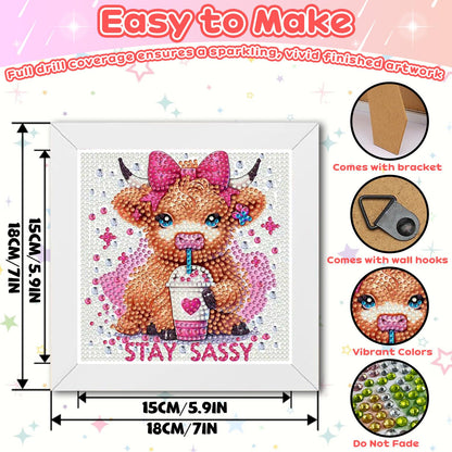 Foxonaut Cow Diamond Art for Kids Wooden Frame, Easy Diamond Art Painting Kits Ages 6-8-12, DIY Gem Art for Kids,Art and Crafts for Girls Boys Gift (7x7inch)