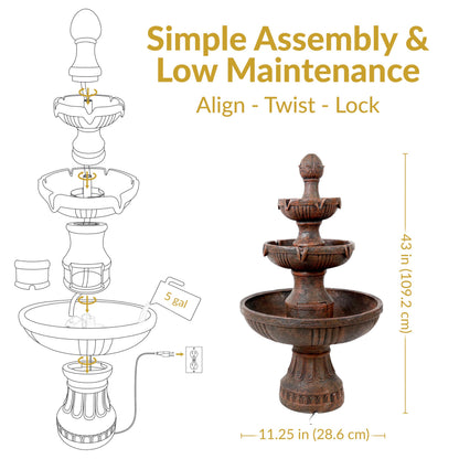 Sunnydaze Flower Blossom 43" Tiered Outdoor Water Fountain - 3-Tiered Outdoor Fountain for Garden, Patio, or Backyard - Earth Finish