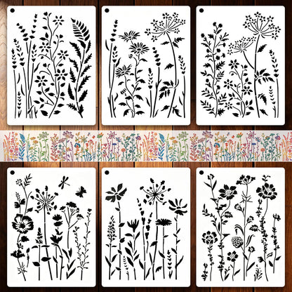 UpChoNice 6 PCS Stencils for Crafts Reusable, Large Wildflower Wall Stencil Set, Modular Floral Painting Templates for Walls, Wood, Furniture, Fabric, Easy-Clean Art Stencils for DIYers, Artists