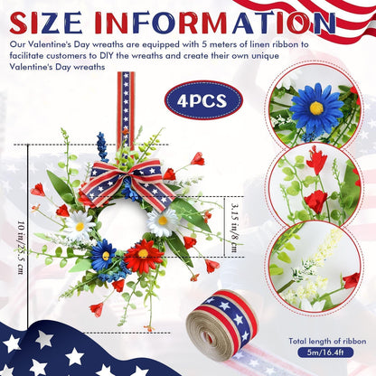 4 Pcs Mini Patriotic American Kitchen Cabinet Wreaths Small 4th of July Floral Swag Wreath for Front Door with Ribbon Daisy July Independence Day Hanging Wreath for Porch Wall Farmhouse Decor