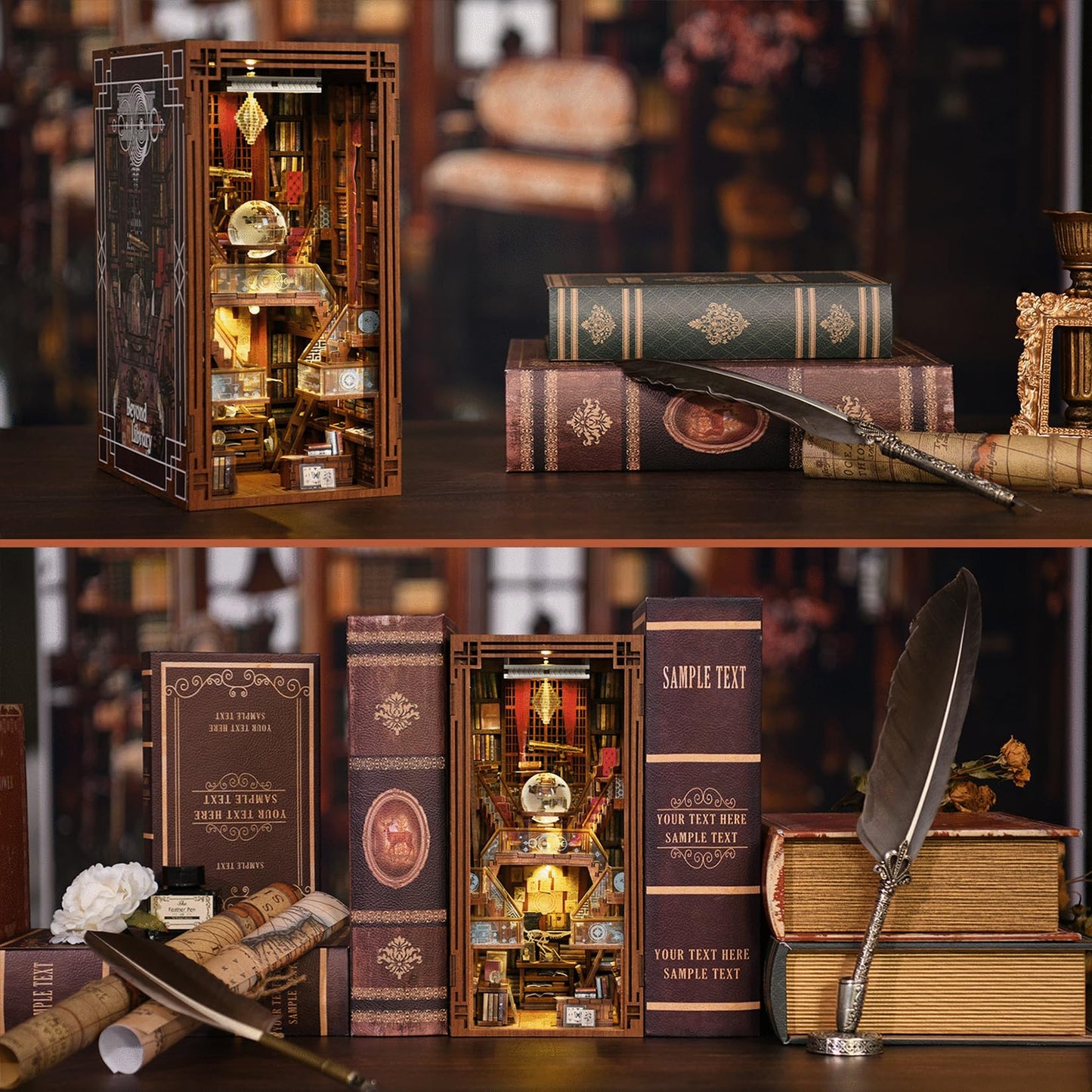 MiniCity Book Nook Kit, DIY Miniature Dollhouse Booknook Kit, 3D Wooden Puzzle Bookend Bookshelf Insert Decor with LED Light for Teens and Adults (Beyond Library)