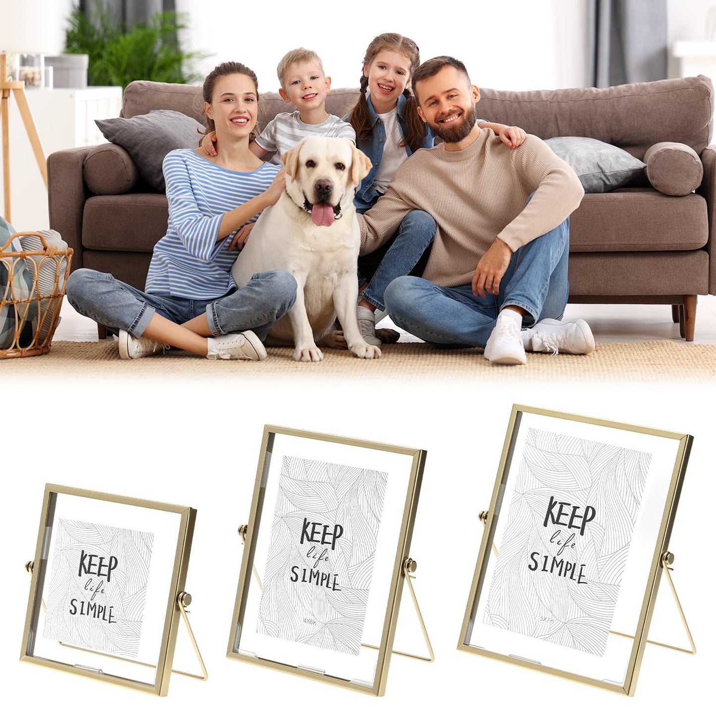 QWORK Gold Floating Picture Fram, Set of 3 Glass Double Panel Metal Frame, Includes 5x7, 4x6, 4x4, Tabletop Display for Postcards Photos Artworks