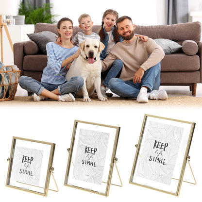 QWORK Gold Floating Picture Fram, Set of 3 Glass Double Panel Metal Frame, Includes 5x7, 4x6, 4x4, Tabletop Display for Postcards Photos Artworks