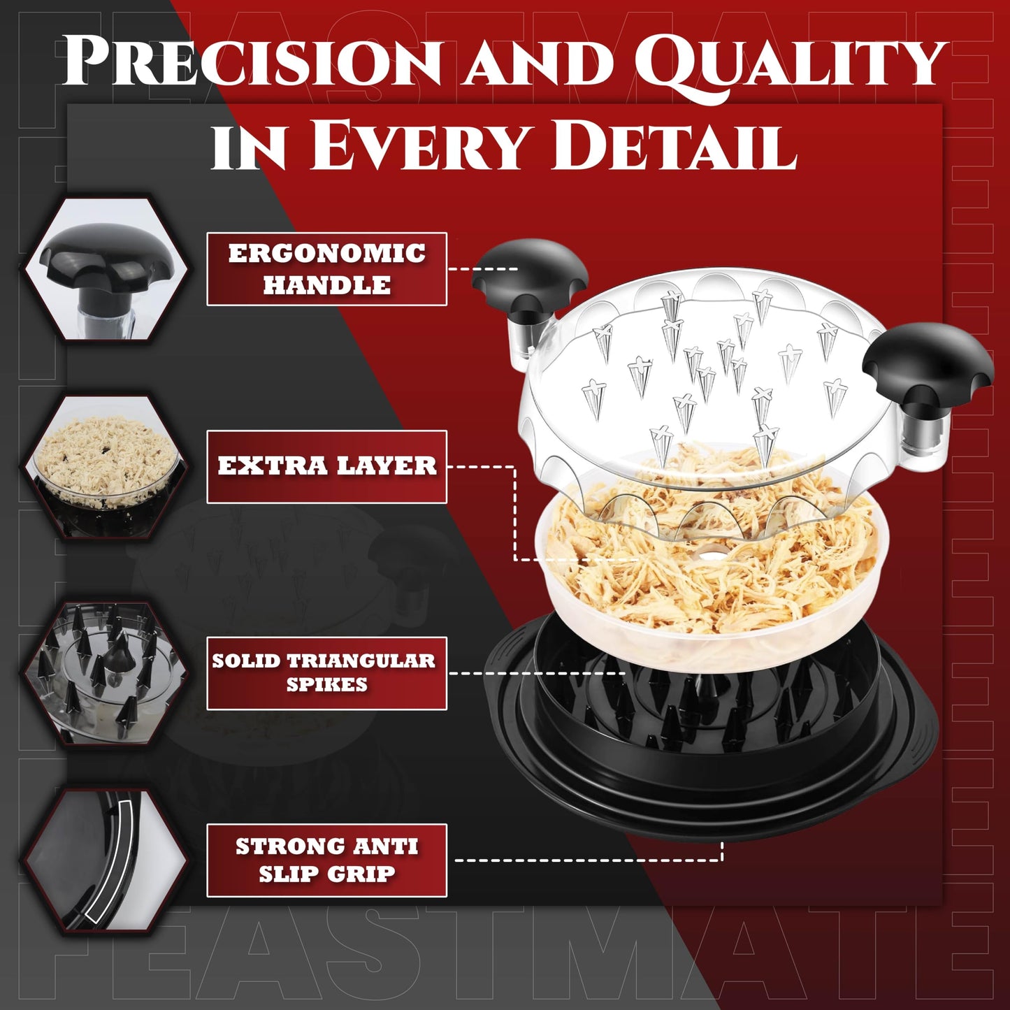 Chicken Shredder Tool Twist 10" Upgraded 3-Layer Meat Shredder for Chicken Breast, Pork & Beef | Transparent Visible Lid Food Shredder with Removable Plate, Soap Dispenser Brush, Non-Slip, BPA-Free