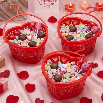 Acellegic 24 Set Pink Valentine's Day Heart Baskets Hollowed Plastic Storage Baskets with Handles for Gift Organizing Home Kitchen Office Birthday Party