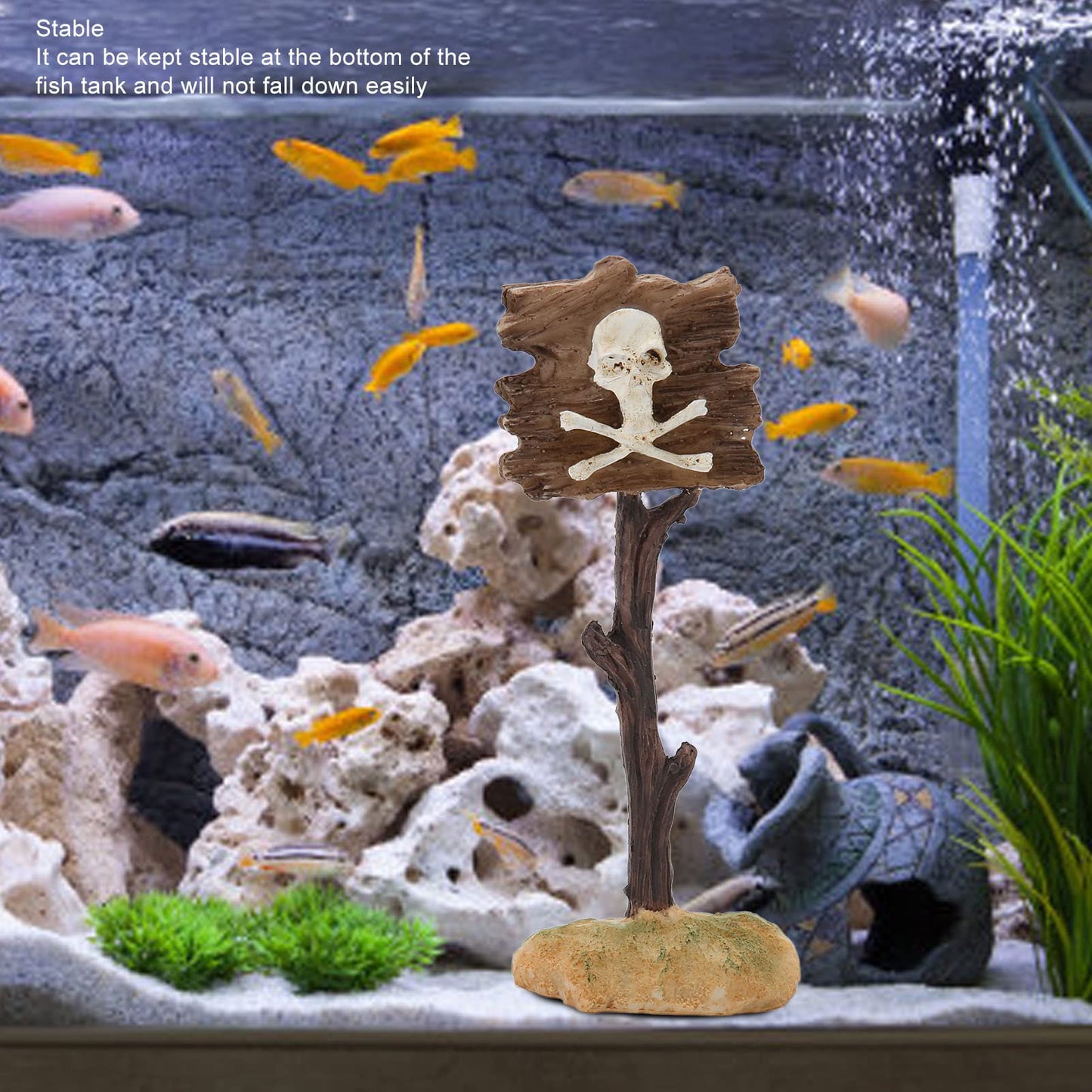 GLOGLOW Aquarium Decor, Resin Skeleton Warning Sign Ornament for Fish Tank Accessories with Unique Theme Design for Aquatic Plants and Creative Underwater Scenes