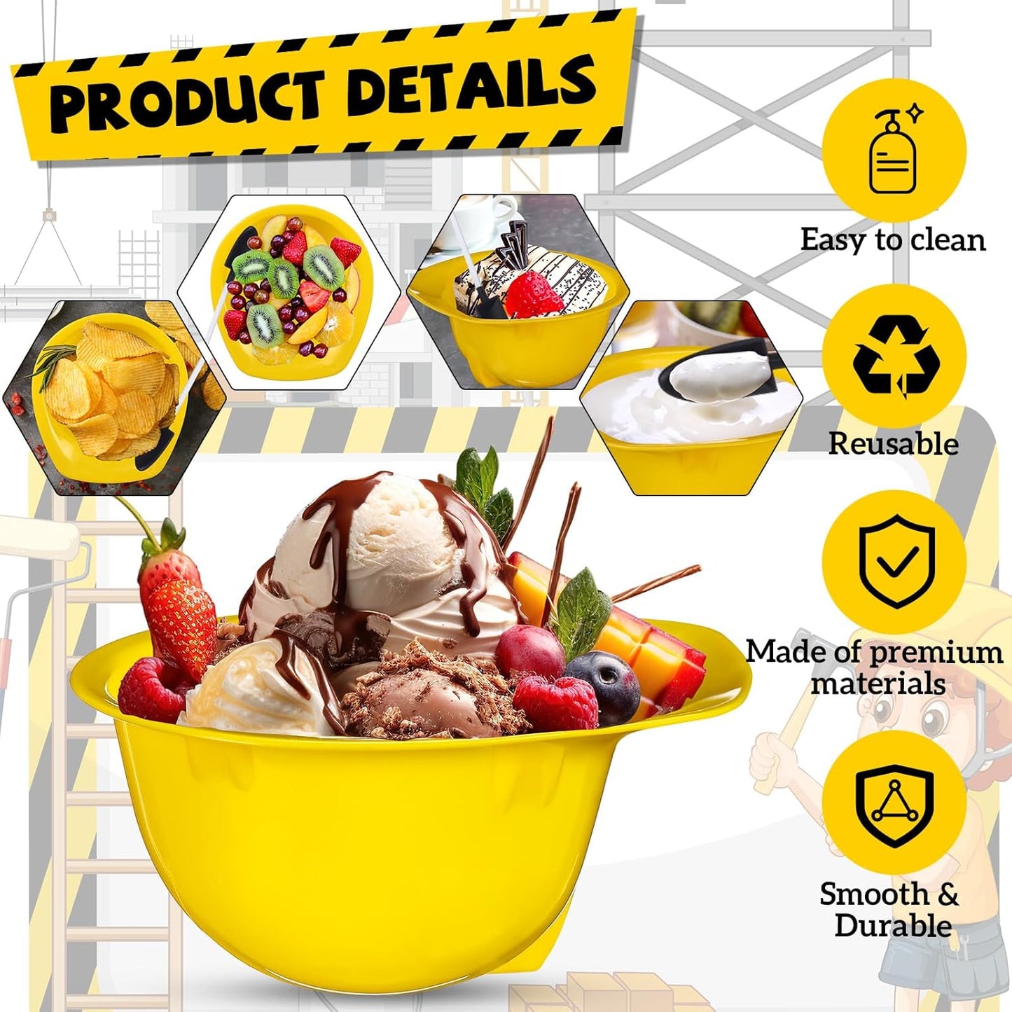 12 Sets 8 oz Uiifan Construction Ice Cream Bowls with Shovel Spoons, Plastic Helmet Dessert Cups Snack Bowls
