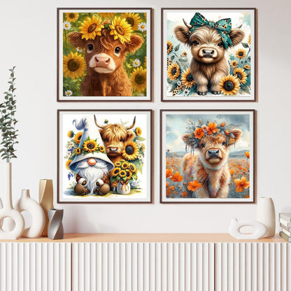 croshom Diamond Art Kits for Adults, 4 Packs Highland Cow & Flowers Diamond Art Painting Kits for Beginners, 5D DIY Full Drill Gem Craft for Adult Gifts, Home Wall Decor 14" x 14"