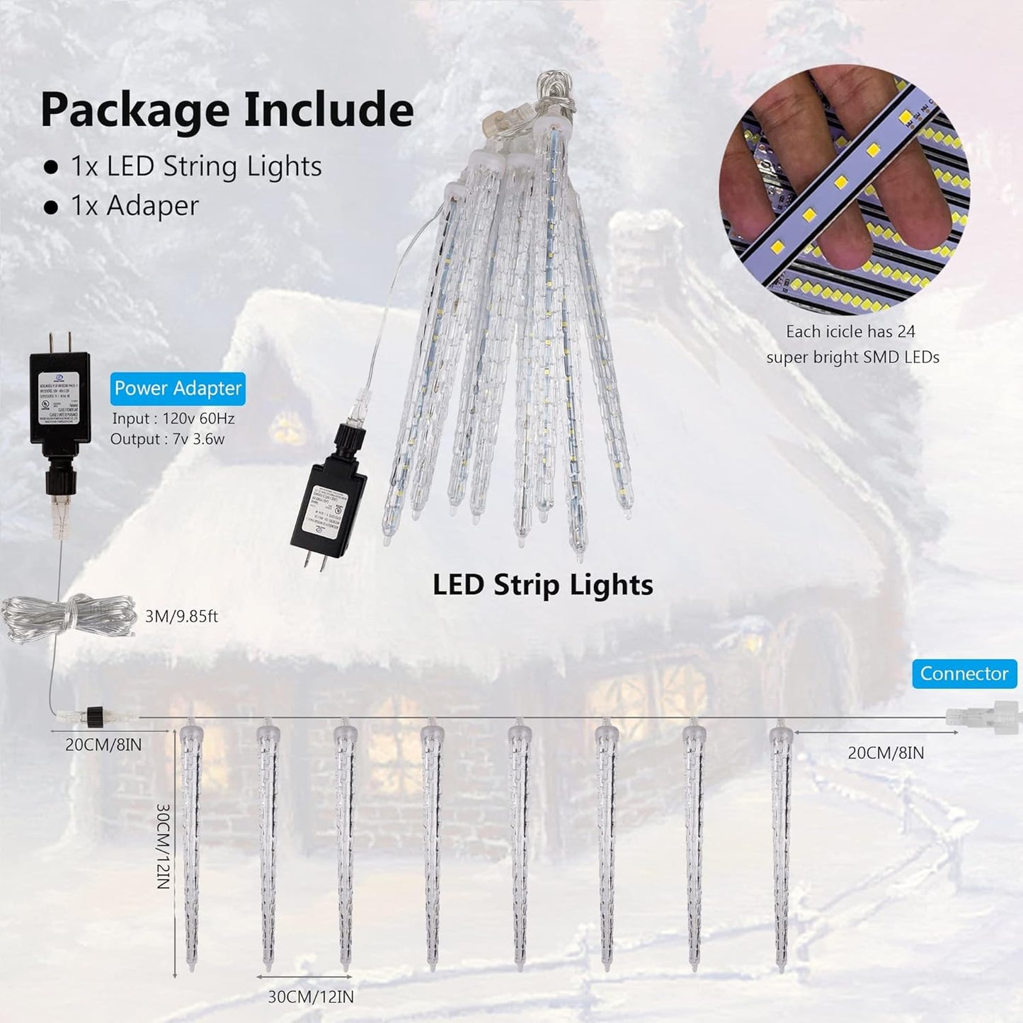 WATERGLIDE Meteor Shower Lights - 12" Outdoor Icicle Christmas Lights | 8 Icicles with 192 SMD LEDs, Connectable Raindrop Design for Holiday Decor