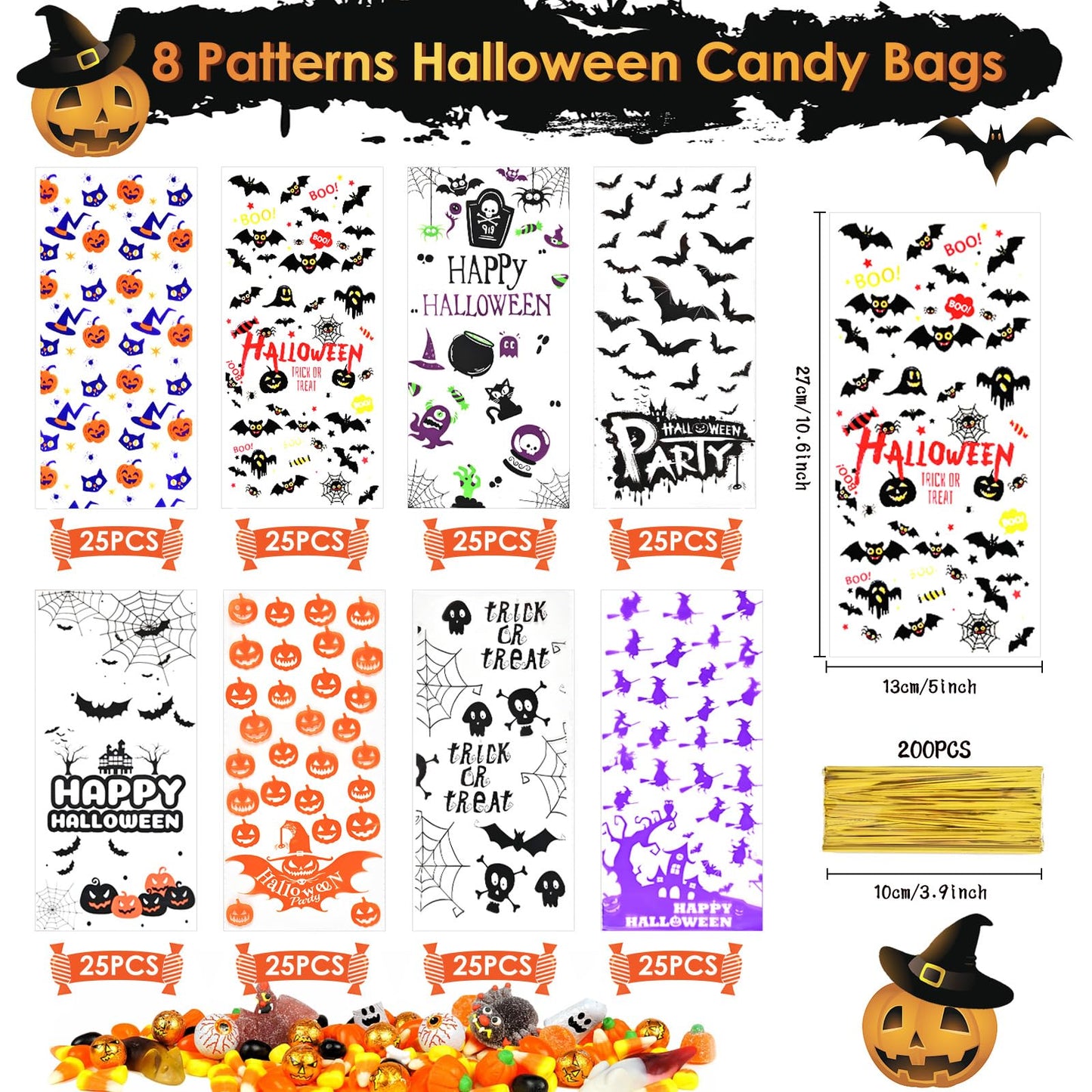 AhfuLife 200PCS Halloween Cellophane Treat Bags, 8 Designs Halloween Clear Candy Bags with Twist Ties for Treat or Treating, Snack Goodie Bags for Party Supplies Favors