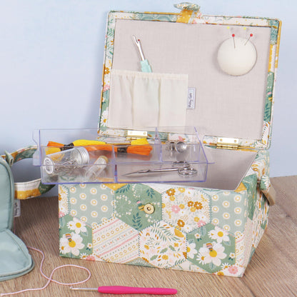 Hobby Gift Medium Sewing Box Organiser, Fabric Covered Storage Box with Handle, Internal Tray, Pin Cushion and Pocket for Sewing, Quilting and Knitting Supplies