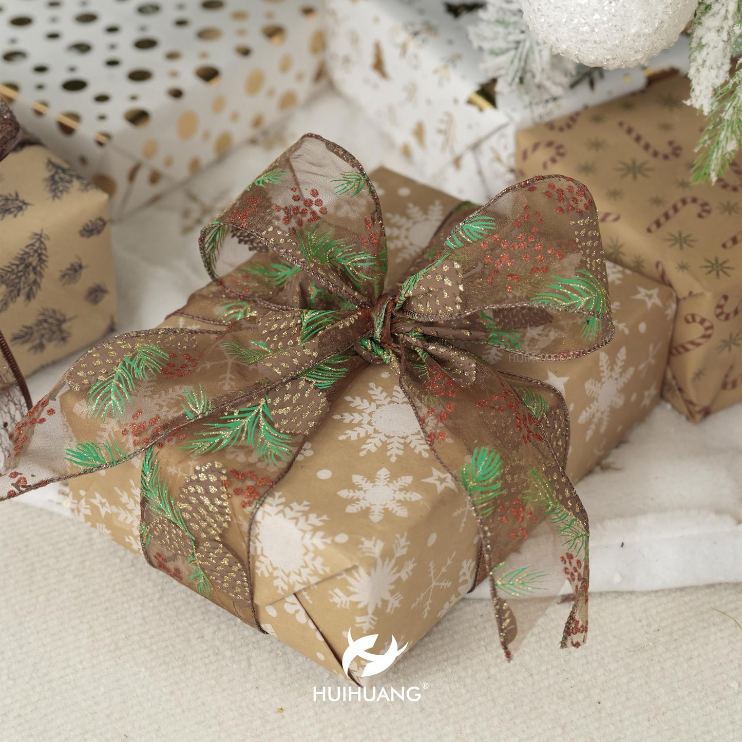 HUIHUANG Brown Wired Ribbon for Christmas Tree Pine Cone Ribbon Wired Brown Glitter Christmas Ribbons for Bows, Wreaths, Garland, Wrapping Crafts, Fall Decorations (2.5" x 6 Rolls, 36 Yds Total)