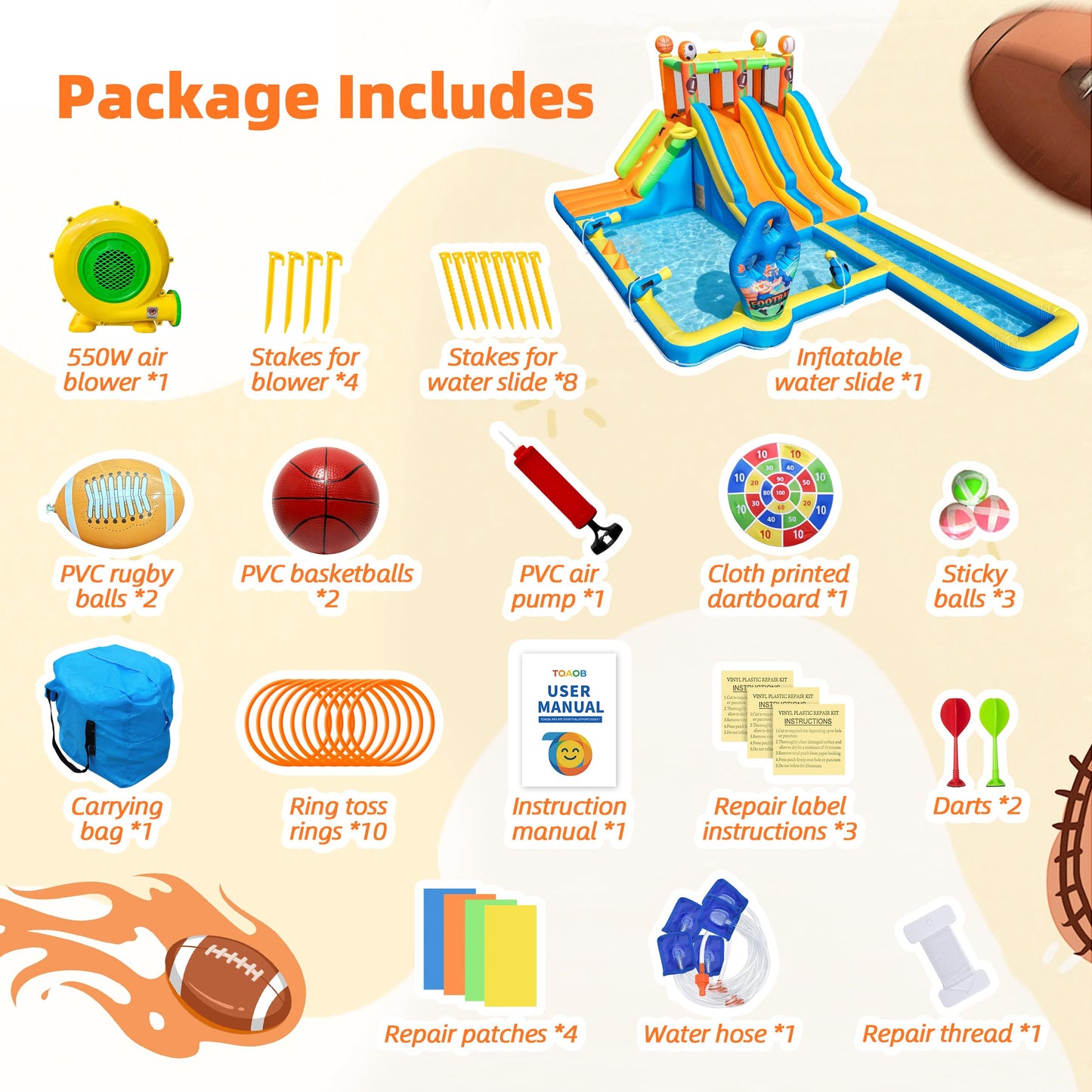 TOAOB Inflatable Water Slide for Kids 3-12: Blow Up Backyard Water Park with 2 Slides - 9 in 1 Football-Themed with 550W Blower for Outdoor Birthday Party