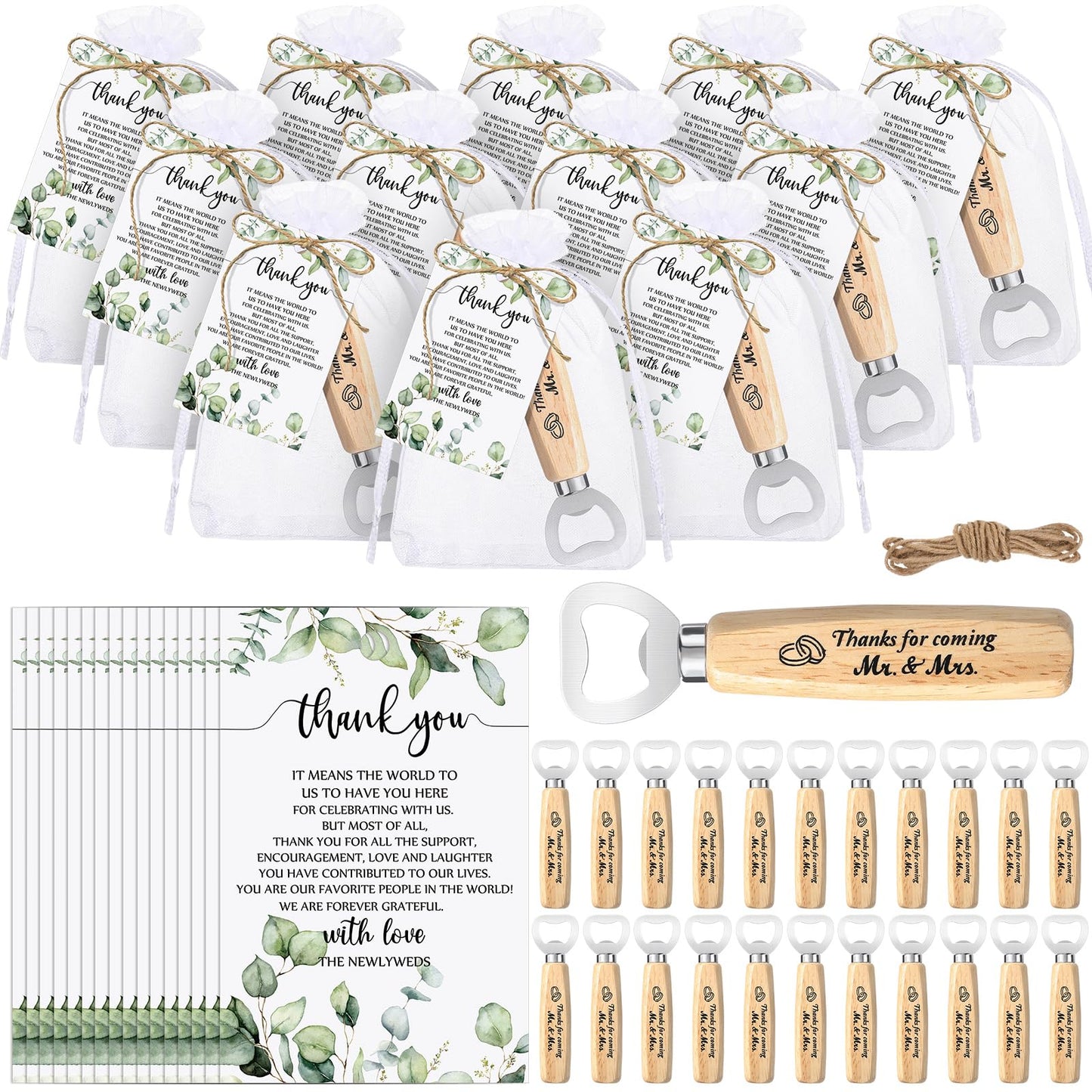 Dandat 100 Set Wedding Favors: Bottle Opener, Thank You Cards, Organza Bags & Jute Twine for Party Favors & Decoration
