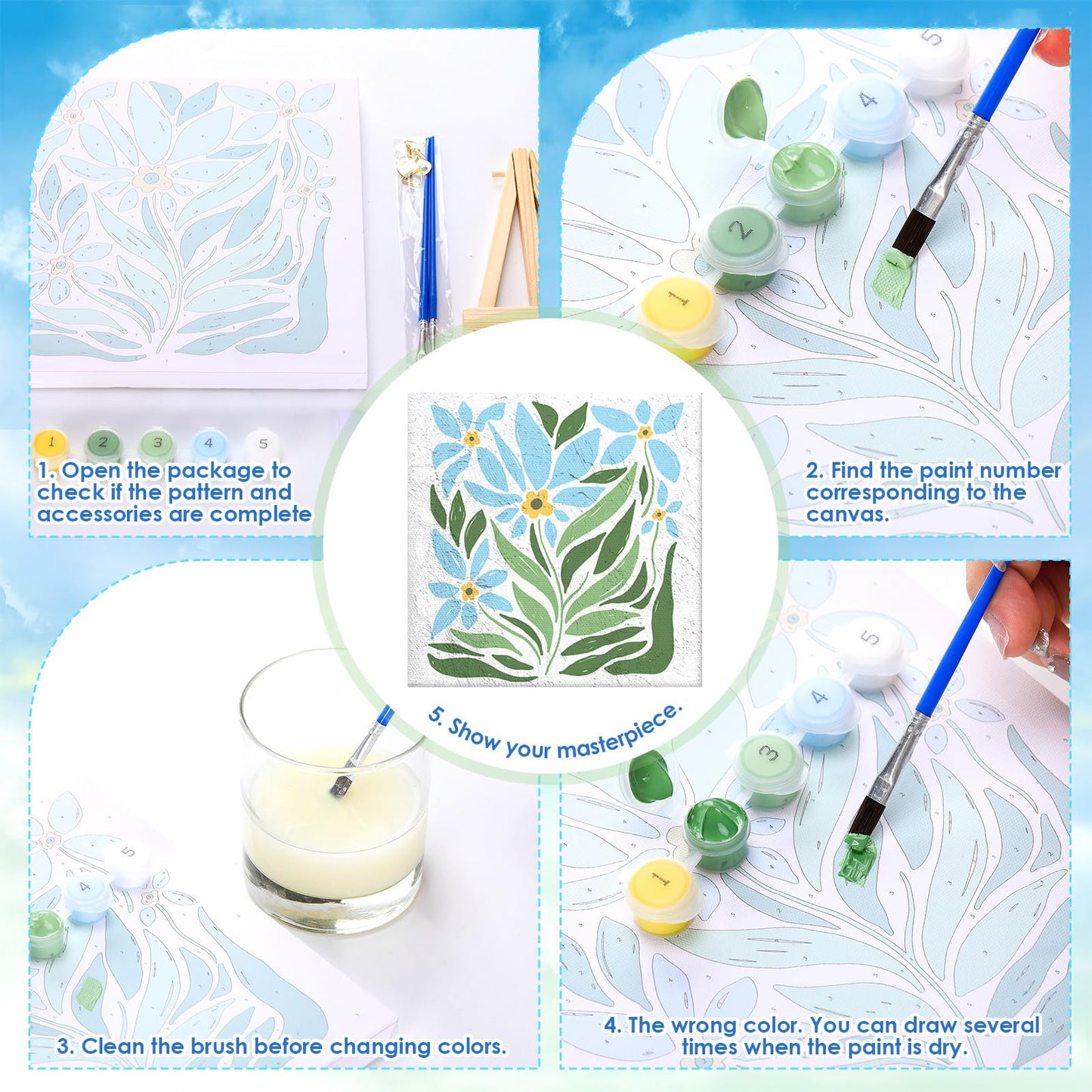 RoundFunny 8 Set Paint by Numbers Kit for Adults with 8x8 Inch Mini Simple Painting Canvas Wooden Frame Easel Acrylic Paints Brushes Funny Numbers Drawing Kit for Gift Home Wall Decor(Simple Blossom)