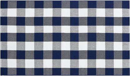 SEEKSEE Cotton Buffalo Plaid Rug 27.5"x43" Navy Blue and White Checked Washable Doormats for Indoor Outdoor