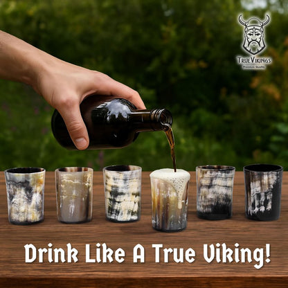 TRUE VIKING Drinking Horn Cup Set of 6 – Unique Viking Gifts for Men, Dad, Husband – Natural Ox Horn Shot Glasses with Thor Bottle Opener & Metal Caddy – Leak-Proof – For Beer, Ale, Mead (5 oz/Glass)