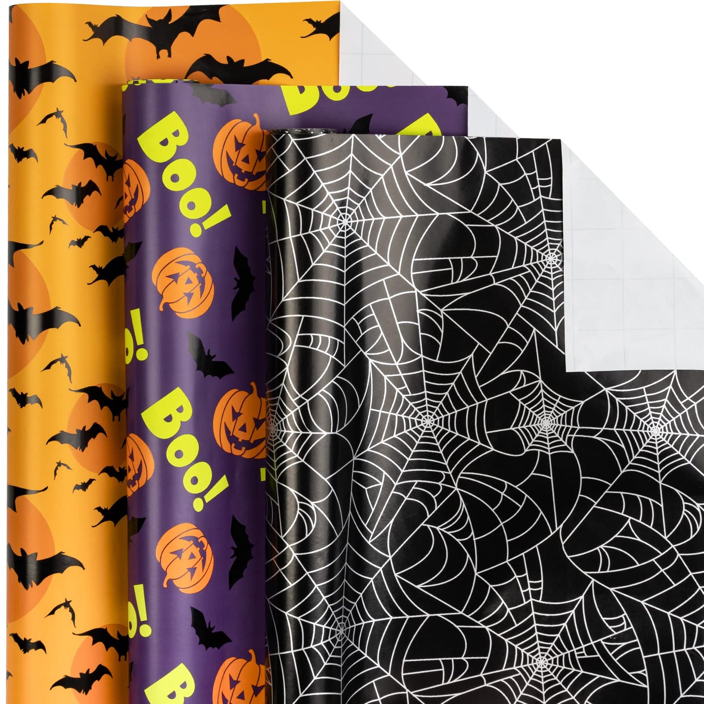 LeZakaa Halloween Wrapping Paper Roll - Mini Roll - Pumpkin with Boo Letters/Bat/Spider Web Print for Gift Wrap, DIY Craft - 17 x 120 inches - 3 Rolls (42.5 sq.ft.ttl.)