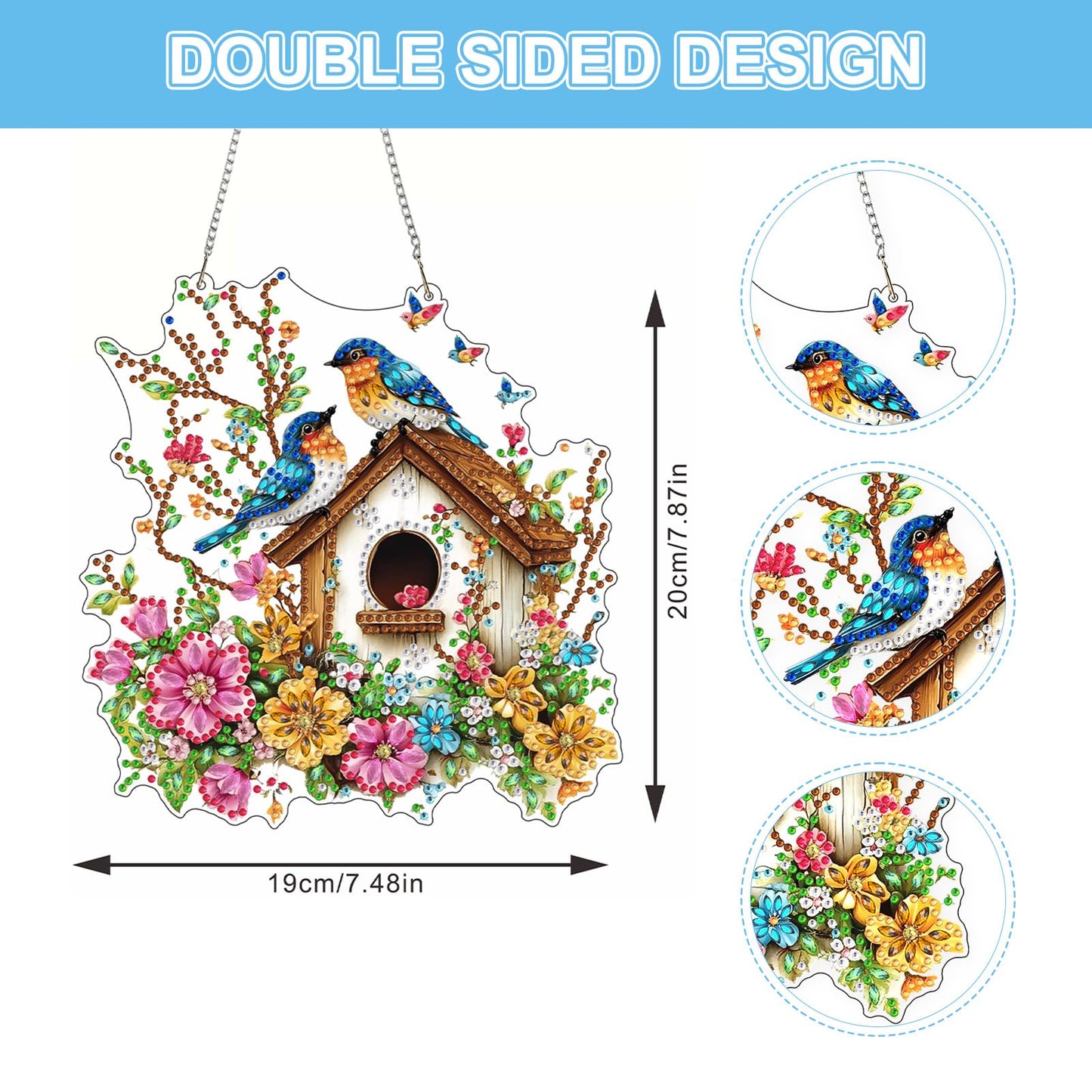 Lxmsja DIY Colorful Birdhouse Diamond Painting Hanging Ornament, Double-Sided Acrylic Flowers Branches Diamond Art Kit, Special Shaped Suncatcher Hanging Pendant Window Art Kit 8x7 inch