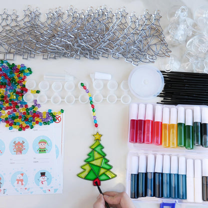 Winlyn 24 Sets Christmas Tree Suncatchers Ornaments Decorations DIY Window Paint Art Suncatchers Winter Crafts Painting Kits for Kids Classroom Activities Art Project Party Favors