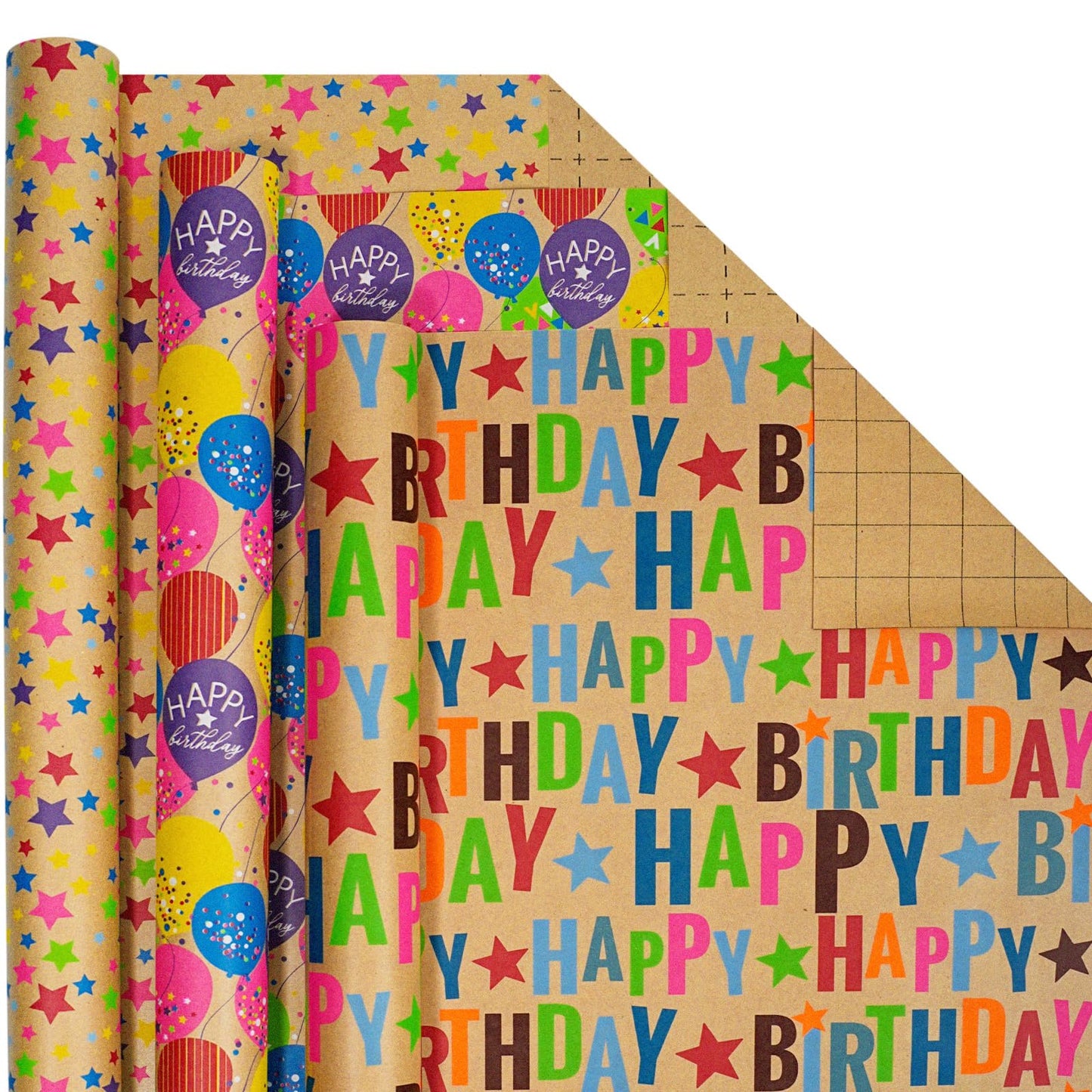 BIOBROWN Kraft Birthday Wrapping Paper, Colorful Gift Wrap with Text Happy Birthday Balloon Stripes Design for Kids, 17 inch X 120 inch Per Roll
