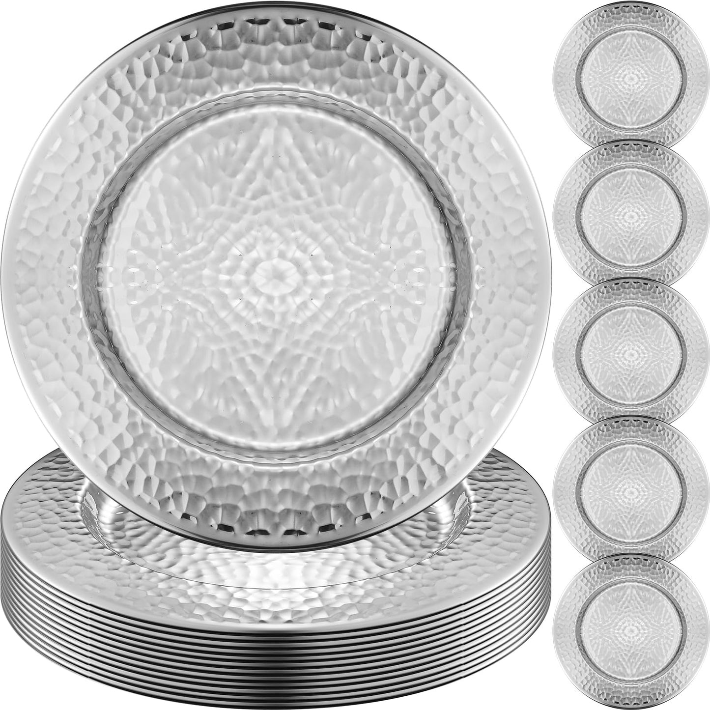 FillTouch 12 Packs Chargers Plates Bulk 13 Inch Stainless Steel Hammered Rim Round Elegant Dinner Plates Luxury Decorative Chargers for Wedding Party Catering Upscale Events (Silver)