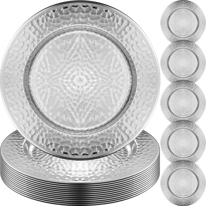 FillTouch 12 Packs Chargers Plates Bulk 13 Inch Stainless Steel Hammered Rim Round Elegant Dinner Plates Luxury Decorative Chargers for Wedding Party Catering Upscale Events (Silver)