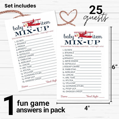 Airplane Baby Shower Games for Boys, Word Scramble Activity, 25 Cards, Adventure Theme in Red and Blue