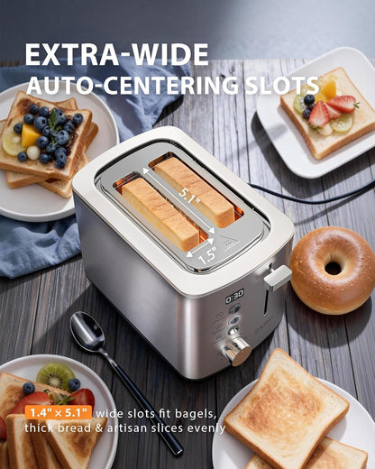 Skiennix 2-Slice Toaster - Wide Slots for Bread & Bagels | Stainless Steel, Digital Countdown, 6 Shade Settings