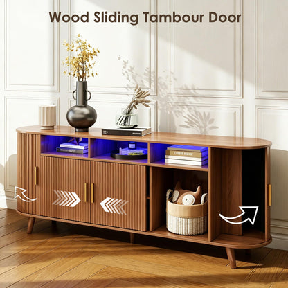 PLRSOZIM 70" Tambour TV Stand with LED Lights, Mid-Century Modern Fluted Sliding Tambour Doors, Fits up to 75" TVs, Media Console with Storage Cabinets, Entertainment Center for Living Room & Bedroom