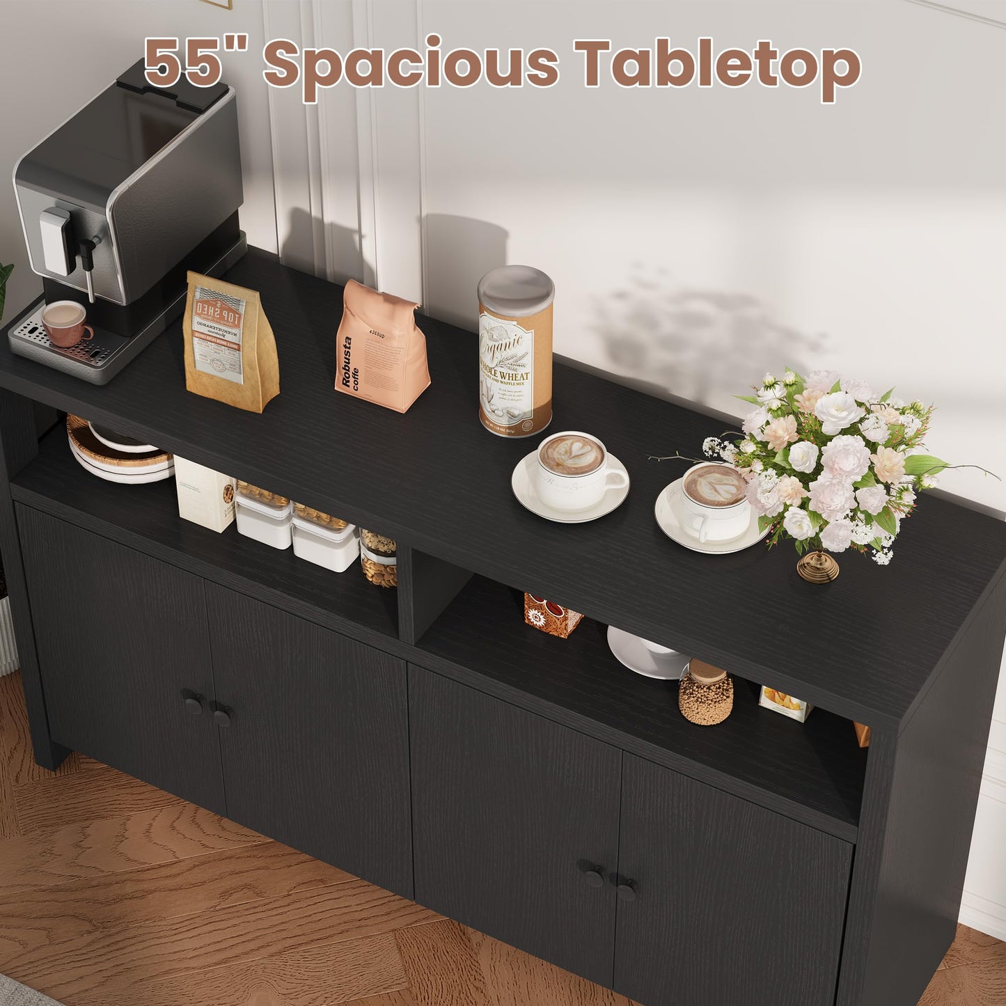 IDEALHOUSE Buffet Sideboard Cabinet with Storage, 55" Large Farmhouse Kitchen Storage Cabinet with 4 Doors & Adjustable Shelves, Wood Coffee Bar Cabinet for Kitchen, Dining Room, Living Room