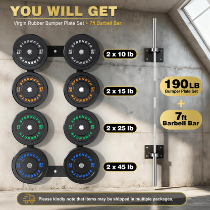 Rendpas 2-Inch Olympic Bumper Plates, 100% Virgin Rubber Low Bounce Barbell Weight for Home Gym Strength Training, 10lb-45lb Black with Color-Coded