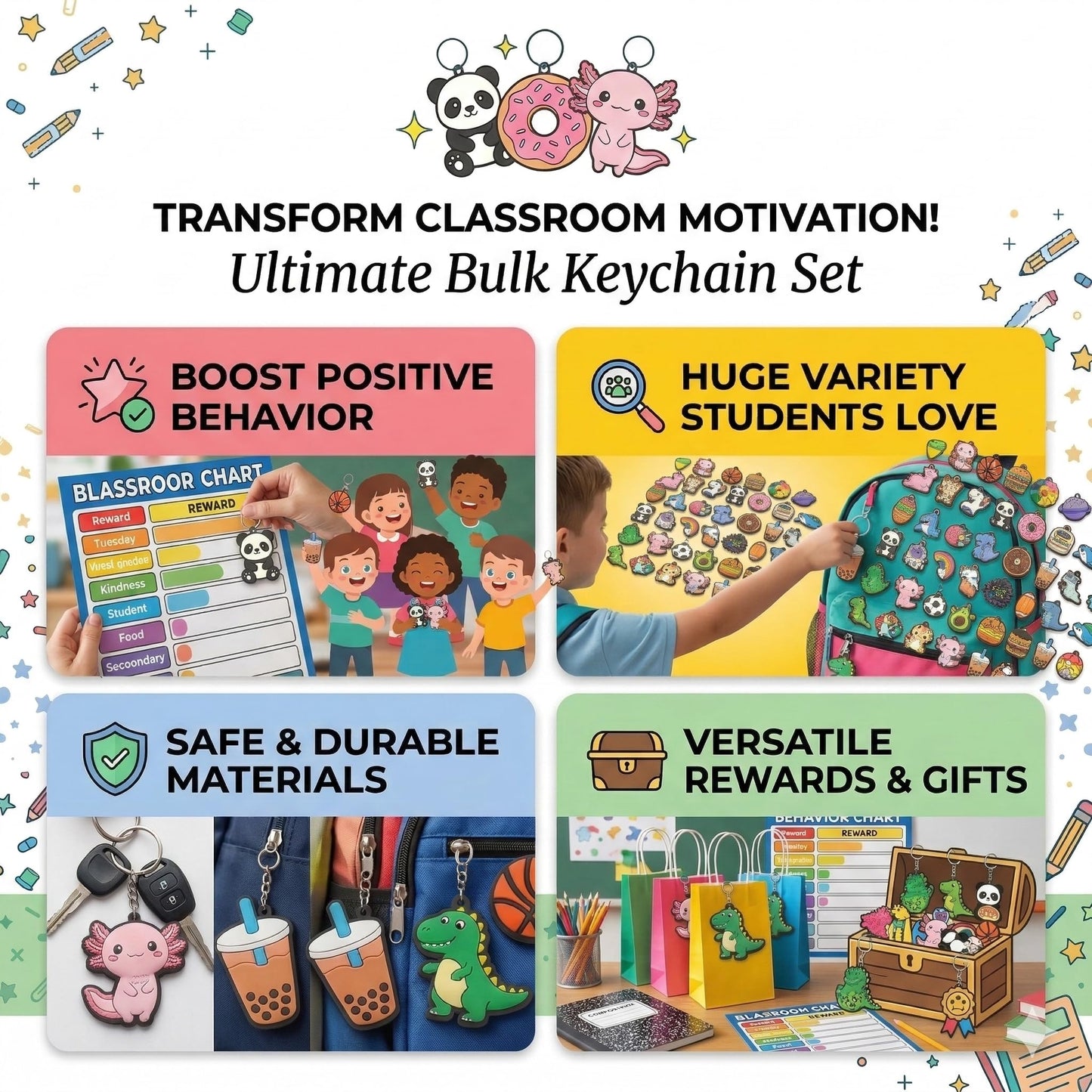 Ella & Emma 30/50/100 Bulk Different Keychains, Mixed Non-Repeat Cute Key Chain for Classroom Prizes Students Incentives Holiday Gifts Party Favors (50pcs Mixed)