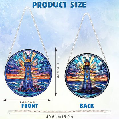 DOMROM Lighthouse Diamond Art Hanging Kit, 5D Special Shaped Rhinestone Painting Suncatcher, DIY Scenic Lighthouse Sunrise Gem Ornament for Window Wall Home Decor