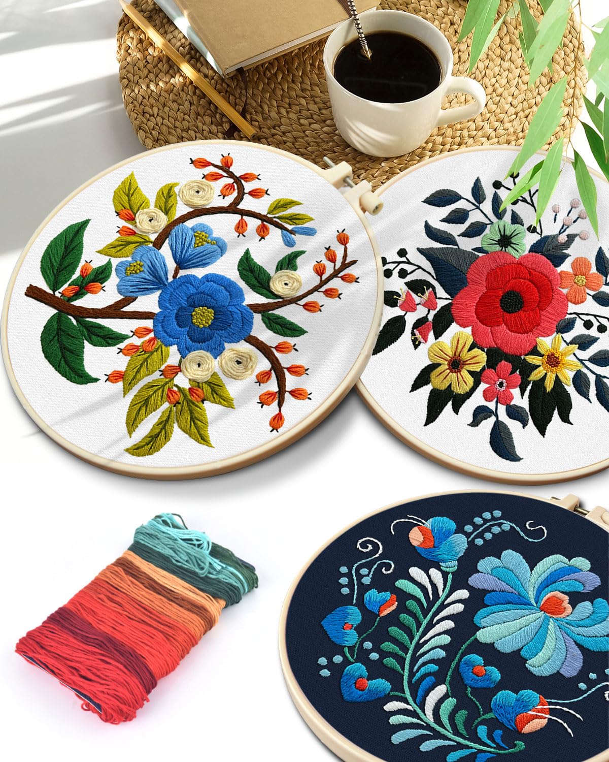 TINDTOP 3 Sets Embroidery Kit for Adults, Floral Embroidery Practice Kit for Beginners Include Embroidery Cloth Hoops Threads for Craft Lover Hand Stitch with Embroidery Skill Techniques